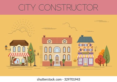 Great city map creator. Colour version. House constructor. House, cafe, restaurant, shop, infrastructure, industrial, transport, village and countryside. Make your perfect city. Vector illustration