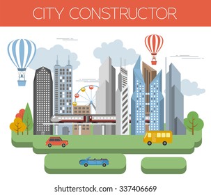 Great city map creator. Colour version. House constructor. House, cafe, restaurant, shop, infrastructure, industrial, transport, village and countryside. Make your perfect city. Vector illustration