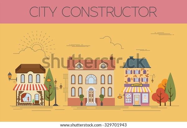 Great city map creator. Colour version.\
House constructor. House, cafe, restaurant, shop, infrastructure,\
industrial, transport, village and countryside. Make your perfect\
city. Vector\
illustration