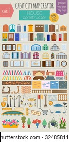 Great city map creator. House constructor. House, cafe, restaurant, shop, infrastructure, industrial, transport, village and countryside. Make your perfect city. Vector illustration