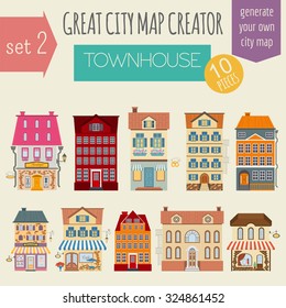 Great city map creator. House constructor. House, cafe, restaurant, shop, infrastructure, industrial, transport, village and countryside. Make your perfect city. Vector illustration