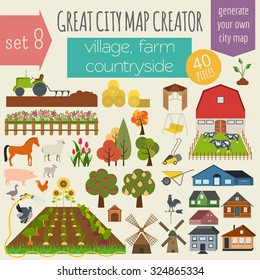 Great city map creator. House constructor. House, cafe, restaurant, shop, infrastructure, industrial, transport, village and countryside. Make your perfect city. Vector illustration