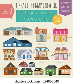 Great city map creator. House constructor. House, cafe, restaurant, shop, infrastructure, industrial, transport, village and countryside. Make your perfect city. Vector illustration