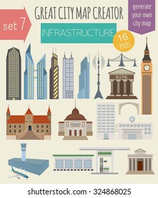 Great city map creator. House constructor. House, cafe, restaurant, shop, infrastructure, industrial, transport, village and countryside. Make your perfect city. Vector illustration