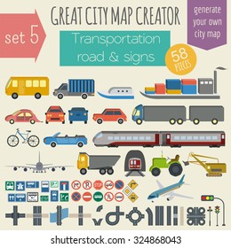 Great city map creator. House constructor. House, cafe, restaurant, shop, infrastructure, industrial, transport, village and countryside. Make your perfect city. Vector illustration