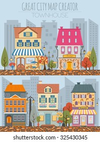 Great city map creator. House constructor. House, cafe, restaurant, shop, infrastructure, industrial, transport, village and countryside. Make your perfect city. Vector illustration