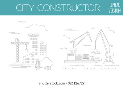 Great city map creator. House constructor. Infrastructure, industrial, transport. Outline version. Make your perfect city. Vector illustration