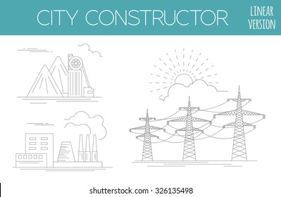 Great city map creator. House constructor. Infrastructure, industrial, transport. Outline version. Make your perfect city. Vector illustration