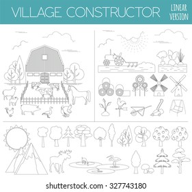 Great city map creator. House constructor. House, cafe, restaurant, shop, infrastructure, industrial, transport, village and countryside. Make your perfect city. Outline version.  Vector illustration