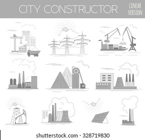 Great city map creator. House constructor. Infrastructure, industrial, transport. Outline version. Make your perfect city. Vector illustration