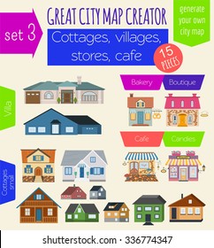 Great city map creator. House constructor. House, cafe, restaurant, shop, infrastructure, industrial, transport, village and countryside. Make your perfect city. Vector illustration