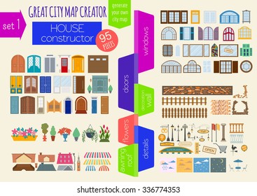 Great city map creator. House constructor. House, cafe, restaurant, shop, infrastructure, industrial, transport, village and countryside. Make your perfect city. Vector illustration