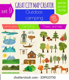 Great city map creator. House constructor. House, cafe, restaurant, shop, infrastructure, industrial, transport, village and countryside. Make your perfect city. Vector illustration