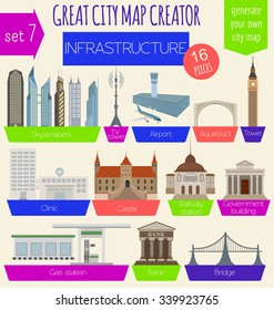 Great city map creator. House constructor. House, cafe, restaurant, shop, infrastructure, industrial, transport, village and countryside. Make your perfect city. Vector illustration