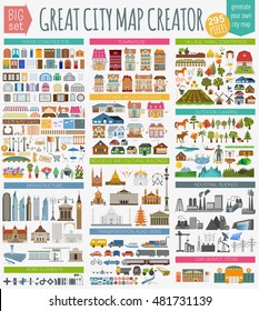 Great city map creator. House constructor. House, cafe, restaurant, shop, infrastructure, industrial, transport, village and countryside element. Make your perfect city. Vector illustration