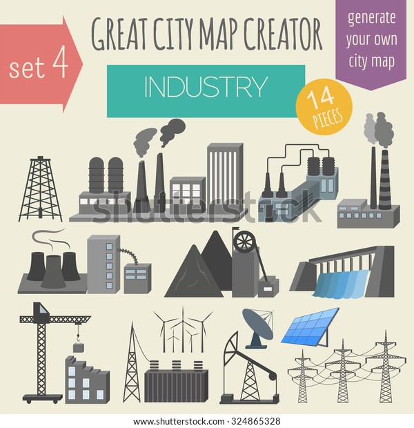 Great city\
map creator. House constructor. House, cafe, restaurant, shop,\
infrastructure, industrial, transport, village and countryside.\
Make your perfect city. Vector\
illustration