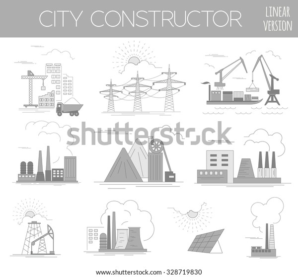 Great city map creator. House constructor.\
Infrastructure, industrial, transport. Outline version. Make your\
perfect city. Vector\
illustration