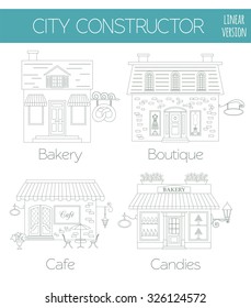 Great city map creator. Outline version. House constructor. House, cafe, restaurant, shop, infrastructure, industrial, transport, village and countryside. Make your perfect city. Vector illustration