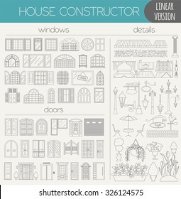 Great city map creator. Outline version. House constructor. House, cafe, restaurant, shop, infrastructure, industrial, transport, village and countryside. Make your perfect city. Vector illustration