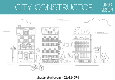 Great city map creator. Outline version. House constructor. House, cafe, restaurant, shop, infrastructure, industrial, transport, village and countryside. Make your perfect city. Vector illustration