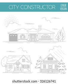 Great city map creator. Outline version. House constructor. House, cafe, restaurant, shop, infrastructure, industrial, transport, village and countryside. Make your perfect city. Vector illustration