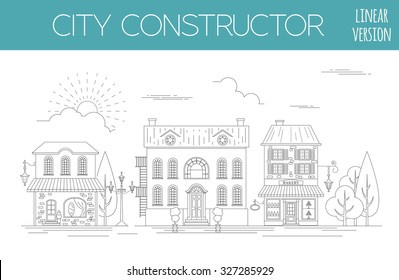 Great city map creator. Outline version. House, cafe, restaurant, shop, infrastructure, industrial, transport, village and countryside. Make your perfect city. Vector illustration