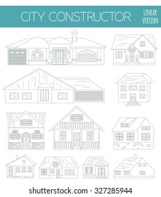 Great city map creator. Outline version. House, cafe, restaurant, shop, infrastructure, industrial, transport, village and countryside. Make your perfect city. Vector illustration