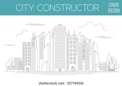 Great city map creator. Outline version. House constructor. House, cafe, restaurant, shop, infrastructure, industrial, transport, village and countryside. Make your perfect city. Vector illustration