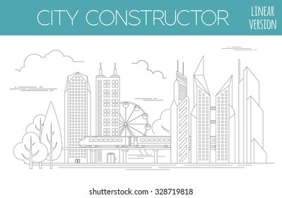 Great city map creator. Outline version. House constructor. House, cafe, restaurant, shop, infrastructure, industrial, transport, village and countryside. Make your perfect city. Vector illustration