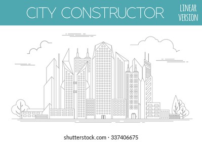 Great city map creator. Outline version. House constructor. House, cafe, restaurant, shop, infrastructure, industrial, transport, village and countryside. Make your perfect city. Vector illustration