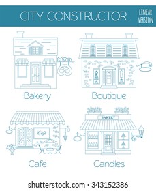 Great city map creator. Outline version. House constructor. House, cafe, restaurant, shop, infrastructure, industrial, transport, village and countryside. Make your perfect city. Vector illustration