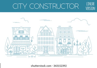 Great city map creator. Outline version. House constructor. House, cafe, restaurant, shop, infrastructure, industrial, transport, village and countryside. Make your perfect city. Vector illustration
