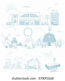 Great city map creator. Outline version. House constructor. House, cafe, restaurant, shop, infrastructure, industrial, transport, village and countryside. Make your perfect city. Vector illustration