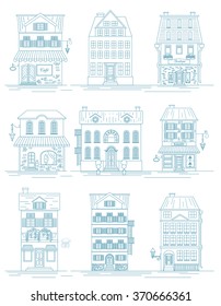 Great city map creator. Outline version. House constructor. House, cafe, restaurant, shop, infrastructure, industrial, transport, village and countryside. Make your perfect city. Vector illustration