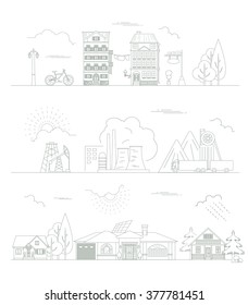 Great city map creator. Outline version. House constructor. House, cafe, restaurant, shop, infrastructure, industrial, transport, village and countryside. Make your perfect city. Vector illustration
