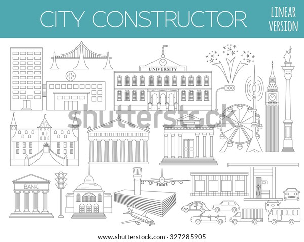 Great city\
map creator. Outline version. House, cafe, restaurant, shop,\
infrastructure, industrial, transport, village and countryside.\
Make your perfect city. Vector\
illustration