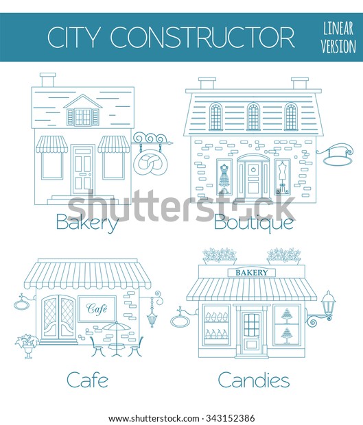 Great city map creator. Outline version.\
House constructor. House, cafe, restaurant, shop, infrastructure,\
industrial, transport, village and countryside. Make your perfect\
city. Vector\
illustration