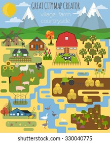 Great city map creator. Village, farm, countryside, agriculture. Make your perfect city. Vector illustration