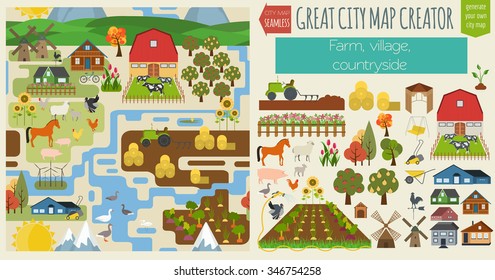 Great City Map Creator.Pattern Map. Village, Farm, Countryside, Agriculture. Make Your Perfect City. Vector Illustration