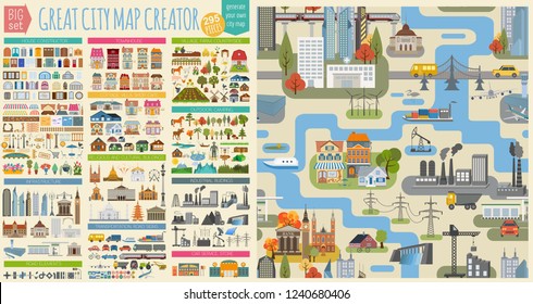 Great city map creator.Seamless pattern map and  Houses, infrastructure, industrial, transport, village and countryside set. Make your perfect city. Vector illustration
