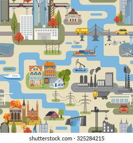 Great city map creator.Seamless pattern map. Houses, infrastructure, industrial, transport, village and countryside. Make your perfect city. Vector illustration