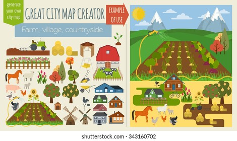 Great city map creator.Seamless pattern map. Village, farm, countryside, agriculture. Make your perfect city. Vector illustration