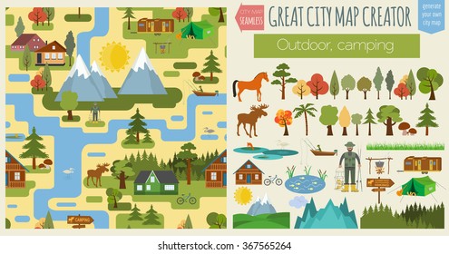 Great City Map Creator.Seamless Pattern Map. Camping, Outdoor, Countryside. Make Your Perfect City. Vector Illustration