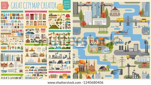 Great city map\
creator.Seamless pattern map and  Houses, infrastructure,\
industrial, transport, village and countryside set. Make your\
perfect city. Vector\
illustration