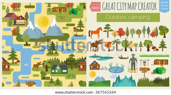 Great city map creator.Seamless pattern map.\
Camping, outdoor, countryside. Make your perfect city. Vector\
illustration