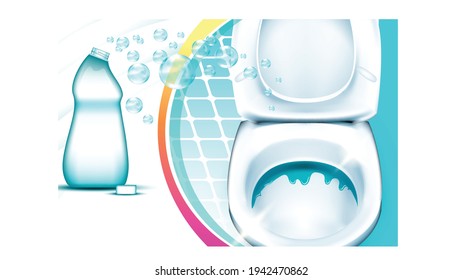 Great Cleaner Creative Advertising Banner Vector. Blank Plastic Bottle With Antibacterial Liquid Cleaner And Bubbles For Disinfection Toilet. Empty Package Concept Mockup Realistic 3d Illustration