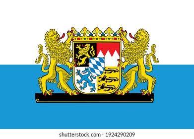 Great coat of arms on flag of Bavaria, Germany. 
German province symbol, emblem. Bavarian flag with coa.