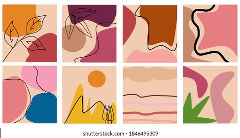 Great Collection of Abstract backgrounds. Hand drawing scribbles of various shapes, leaves, faces, freckles, modern contemporary trendy vector illustration. Each background is isolated. Pastel colors