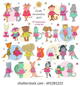 Great Collection of Cute animals girls. Vector cartoon illustration on white background. Can use for Valentine's Day, baby announcement, Mother's Day,wedding design, scrapbook, textiles.