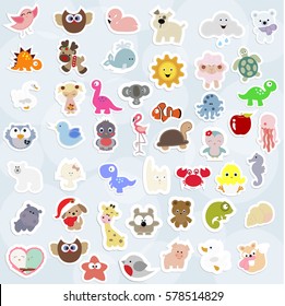 great collection of cute children's stickers labels. many baby stripes and labels. there are animals, birds, marine life. the template for the scrapbook. vector illustration. baby shower or arrival